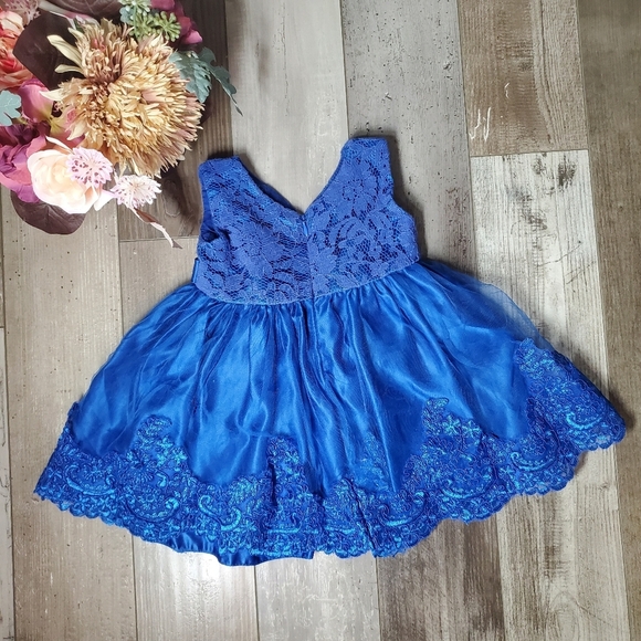 Beautiful Baby Girl Sapphire Blue V-Neck Lace Tulle Party Dress Size 12m - Picture 10 of 12